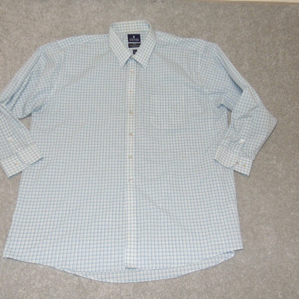 Stafford Travel Shirt Men Size 18 1/2 Big White Check Long Sleeve 36-37